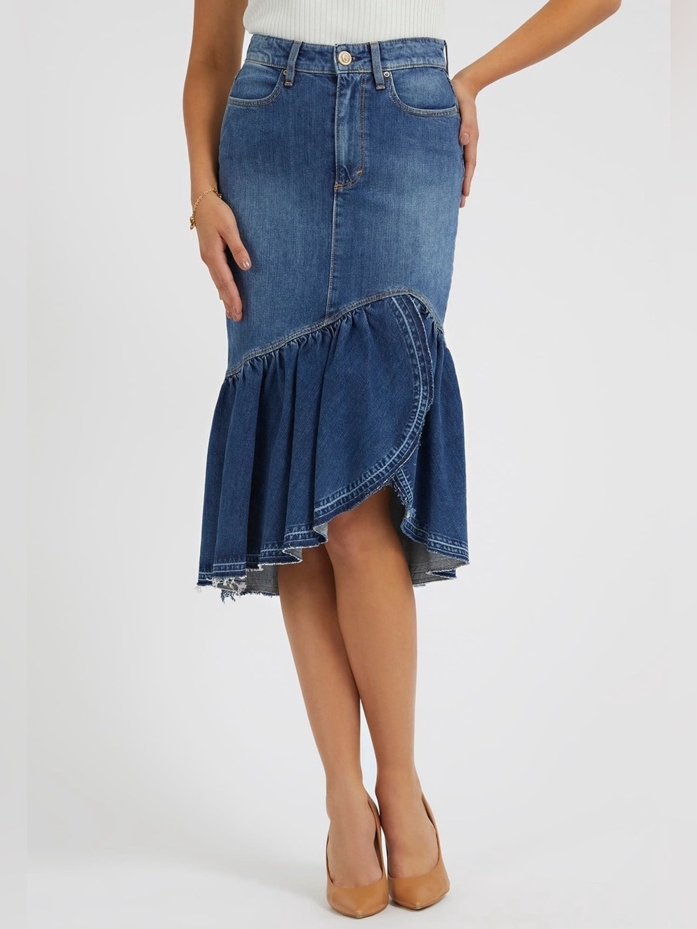 NWOT Guess Women's Marinella Ruffled-Hem Denim Skirt size 25